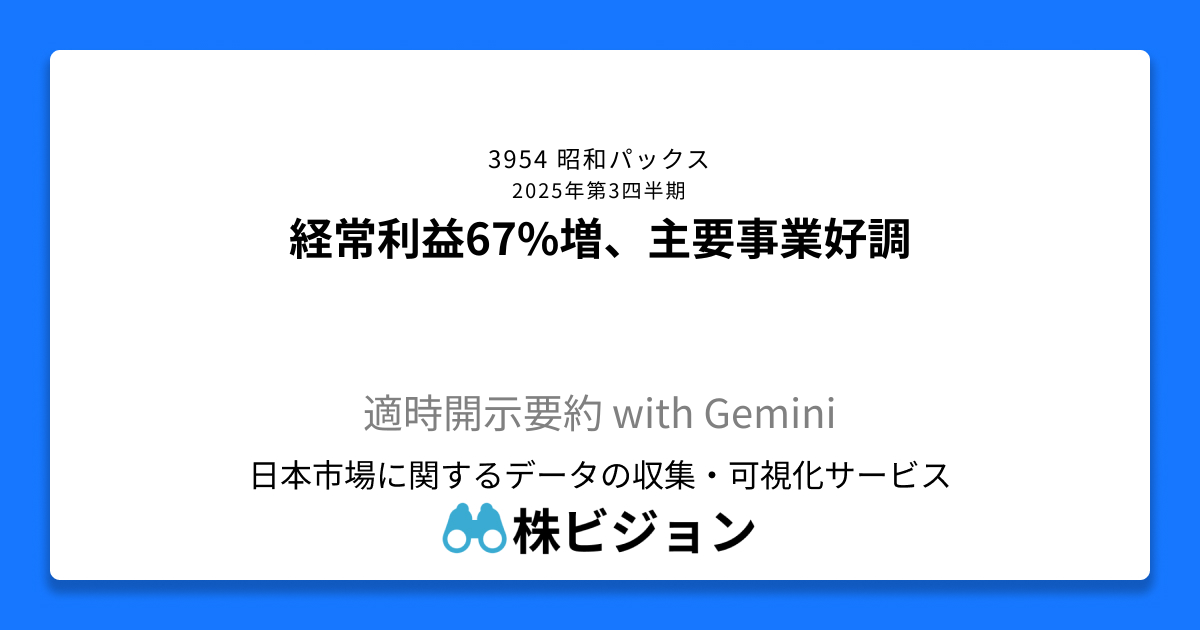 経常利益67%増、主要事業好調 | 昭和パックス(3954) 2025年第3四半期 | 適時開示要約 with Gemini | 株ビジョン